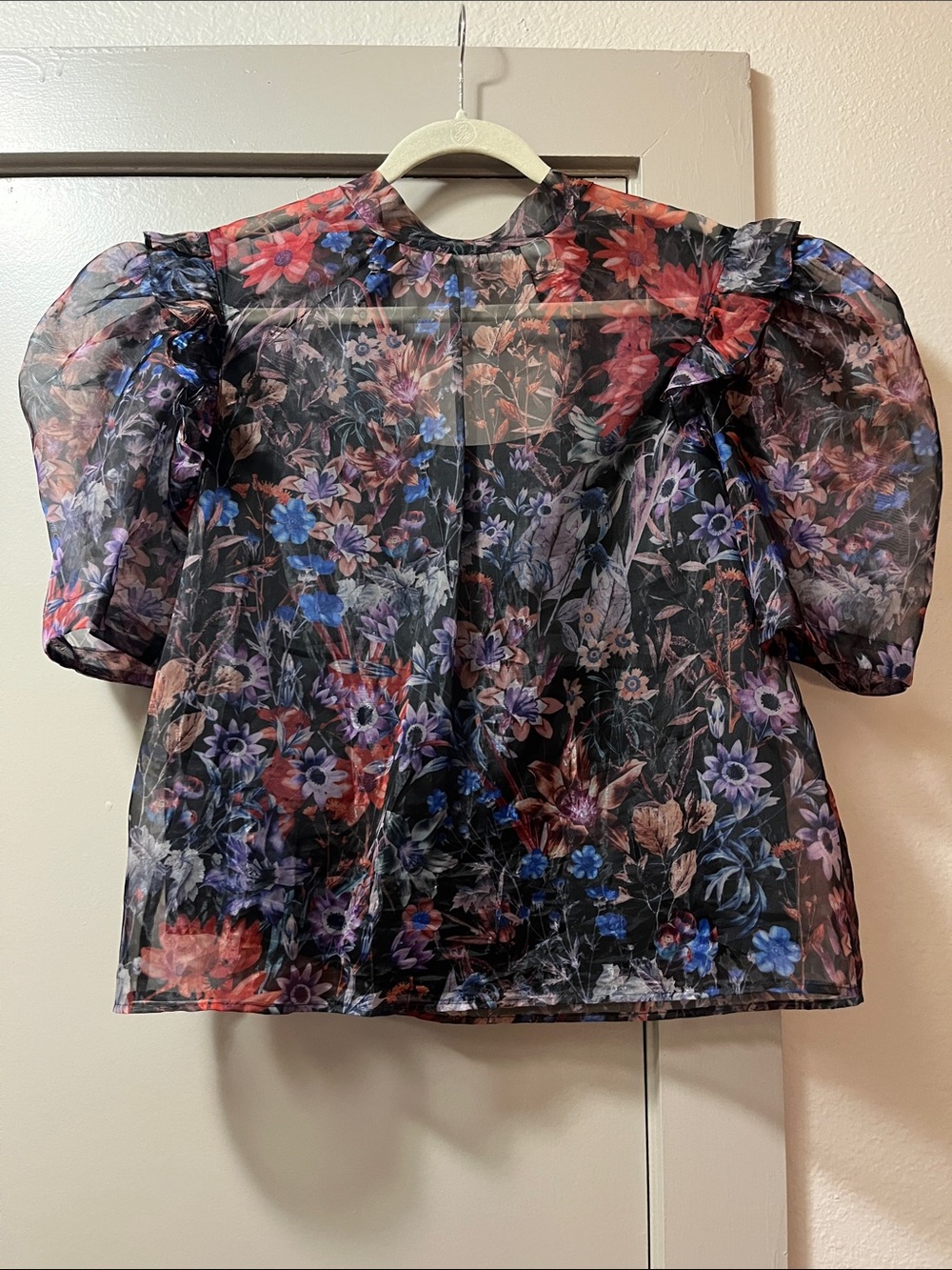 Maeve Black Sheer Puff-Sleeve Floral Blouse